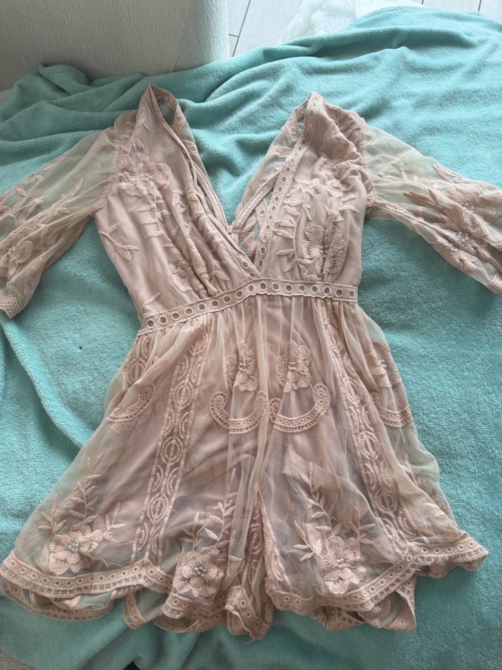 Wishlist Blush Pink Embroidered Mesh V-Neck Dress